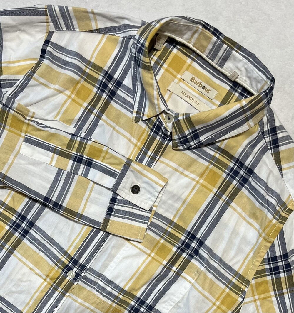 Barbour Newton Shirt Womens 8 Yellow Plaid Relaxed Fit Button Up Casual Top